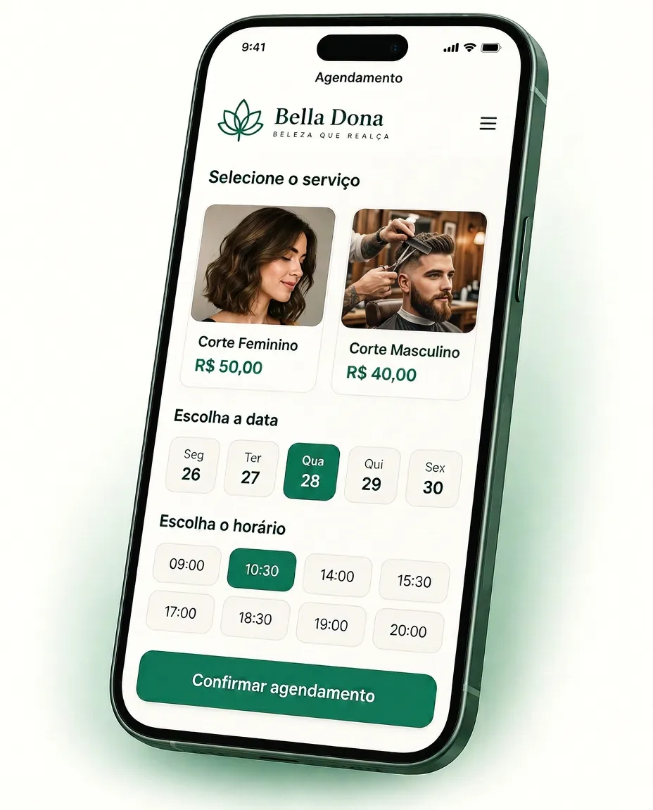 Celular mostrando o app de agendamento online do EspelhoPro com escolha de serviço, data e horário