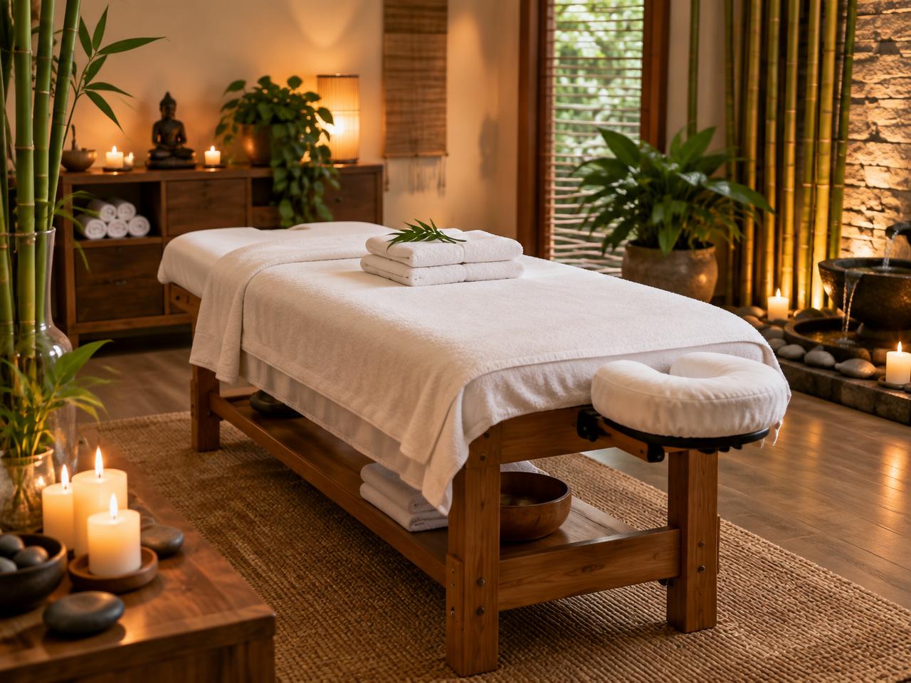 Sala de spa com maca de massagem, velas e plantas